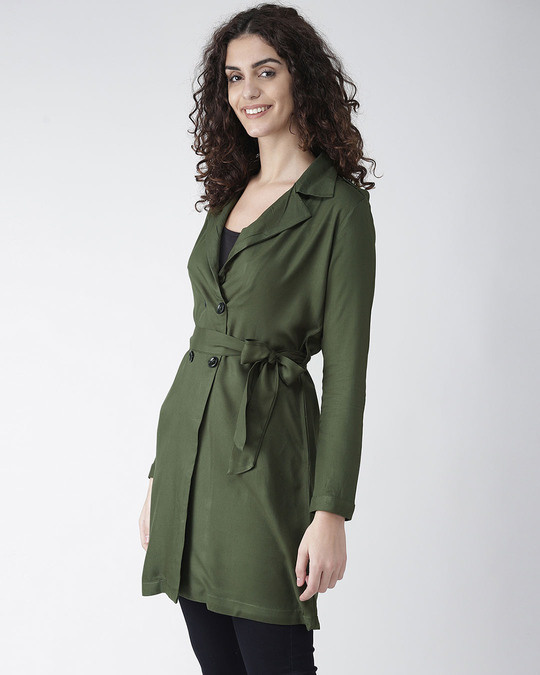 Shop Women Olive Green Solid Double Breasted Overcoat-Back