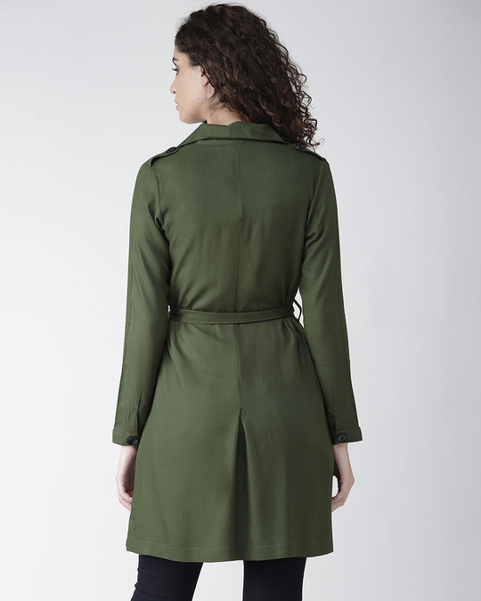 Shop Women Olive Green Solid Double Breasted Overcoat-Design