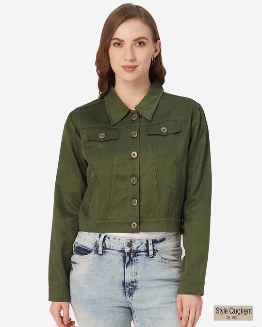 Shop Women's Olive Green Solid Lightweight Crop Tailored Jacket-Front