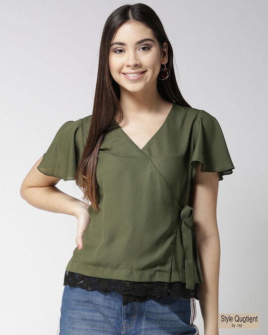 Shop Women's Olive Green Solid Wrap Top-Front