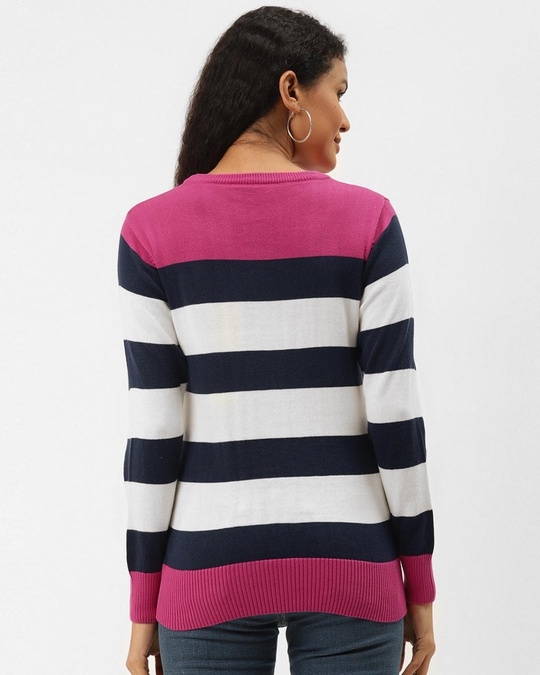 Shop Women Pink & Navy Blue Striped Pullover Sweater-Back