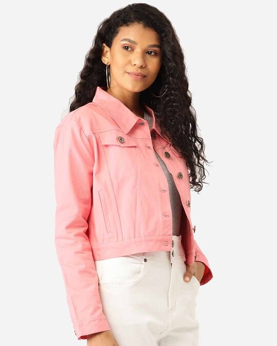 Buy Pink Solid Cropped Denim Jacket for 