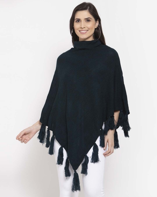 Shop Women Teal Blue Poncho With Fringed Detail-Front