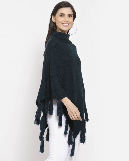 Shop Women Teal Blue Poncho With Fringed Detail-Design