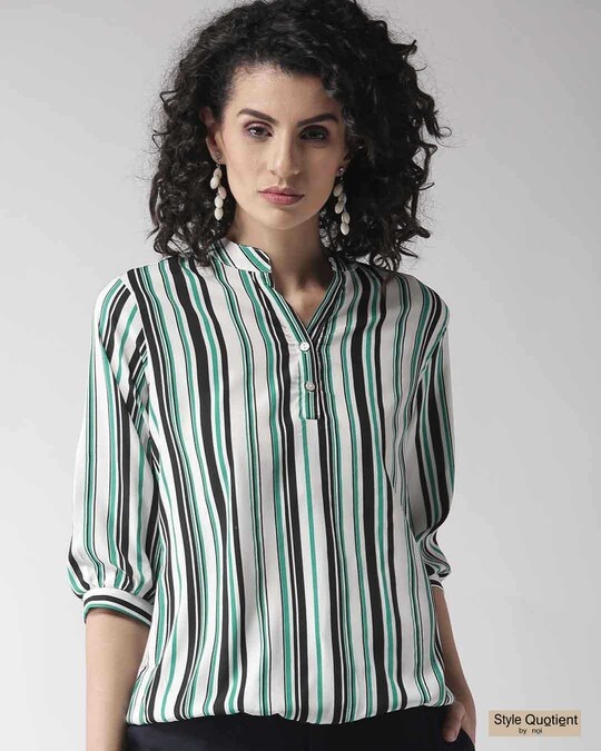 Shop Women's White & Green Striped Blouson Top-Front