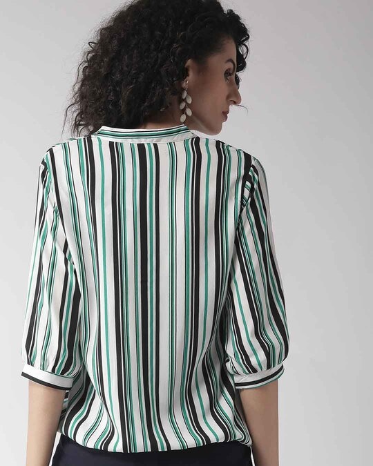 Shop Women's White & Green Striped Blouson Top-Design
