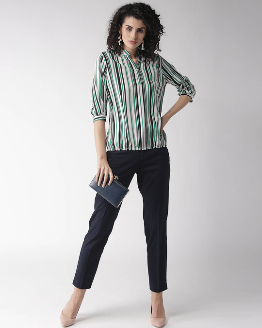 Shop Women's White & Green Striped Blouson Top-Full