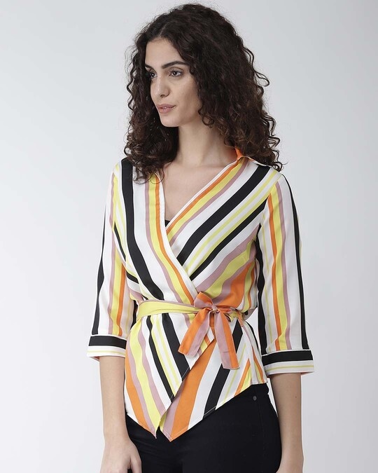 Shop Women's White & Yellow Striped Wrap Top-Back
