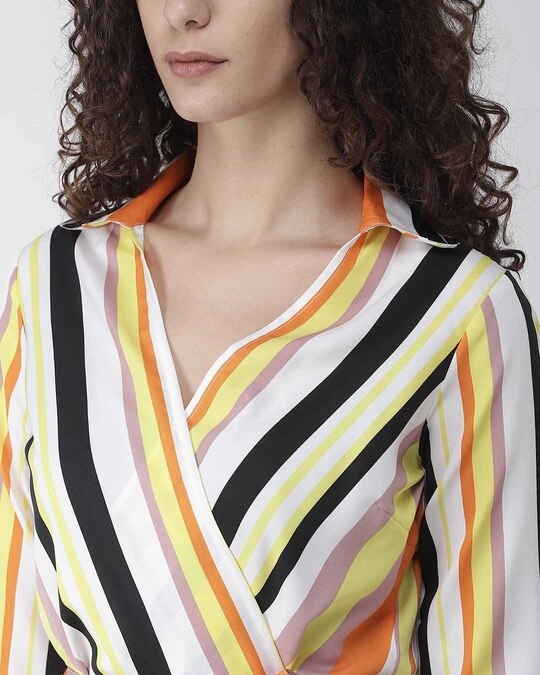 Shop Women's White & Yellow Striped Wrap Top