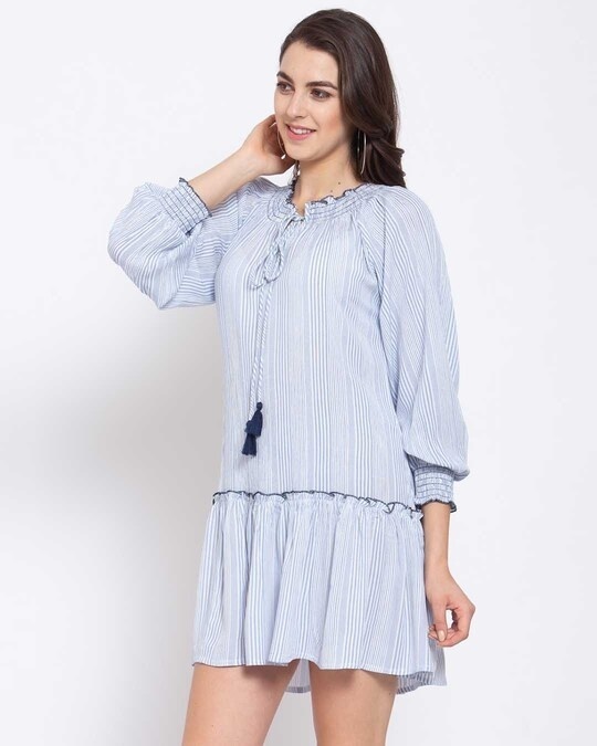Shop Women's Blue Striped Three Quarter Sleeves Dress-Back