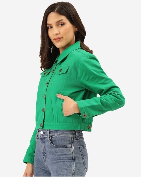 Shop Womens Green Denim Jacket-Design