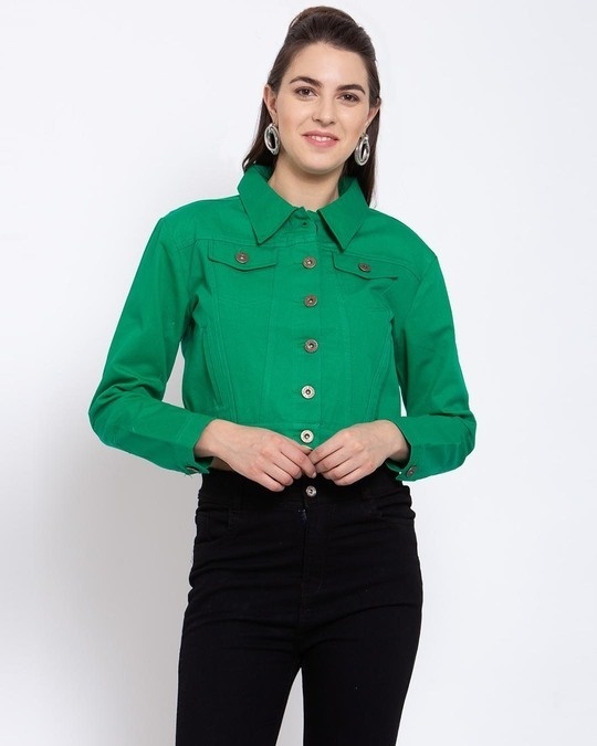 Shop Women's Green Solid Denim Jacket-Front
