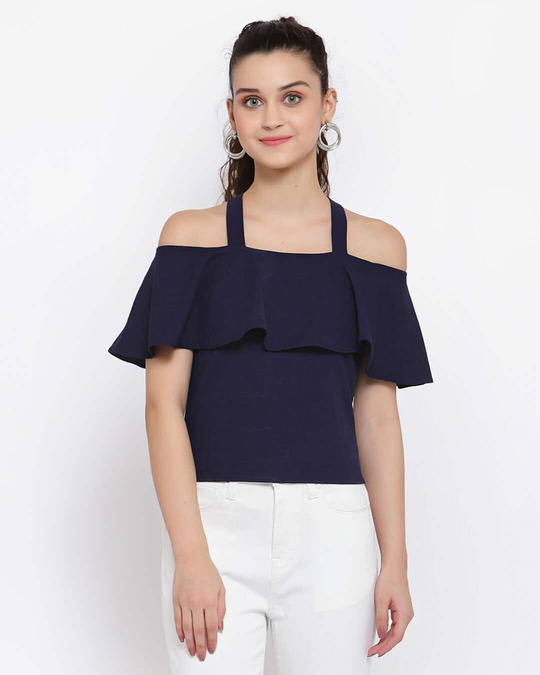Shop Women's Navy Blue Cold Shoulder Sleeves Crepe Bardot Top-Front