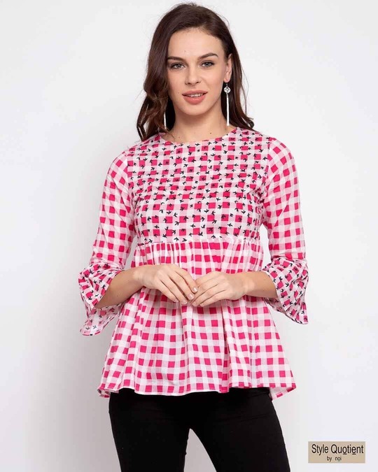 Shop Women's Pink Checked Bell Sleeves Peplum Top-Front