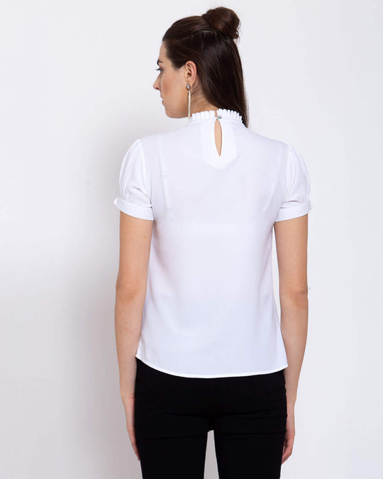 Shop Women's White Puff Sleeves Crepe Regular Top-Back