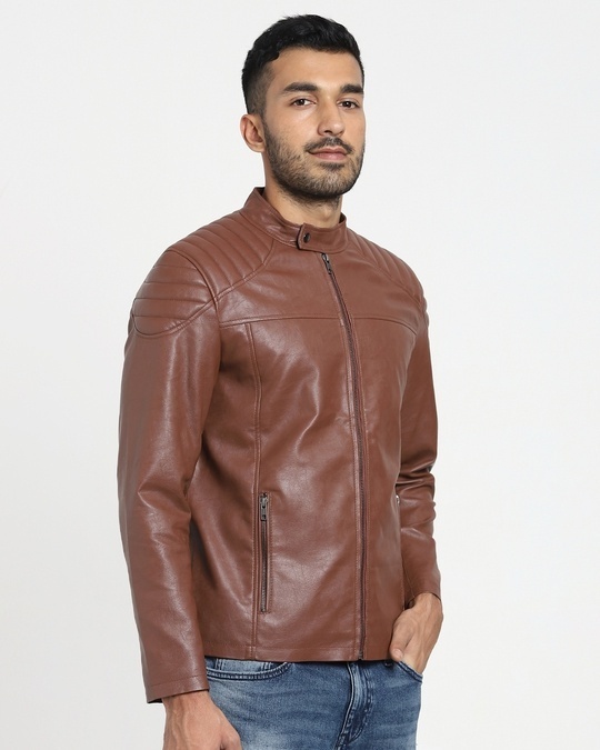 Shop Tan Solid Faux Leather Jacket-Back