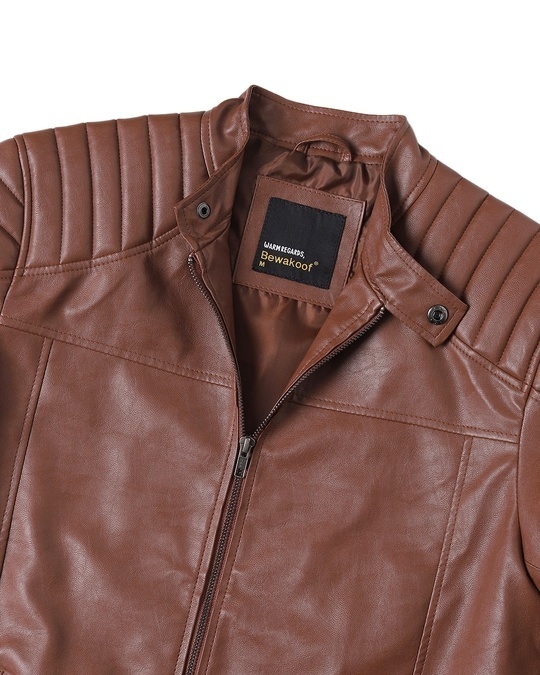 Shop Tan Solid Faux Leather Jacket