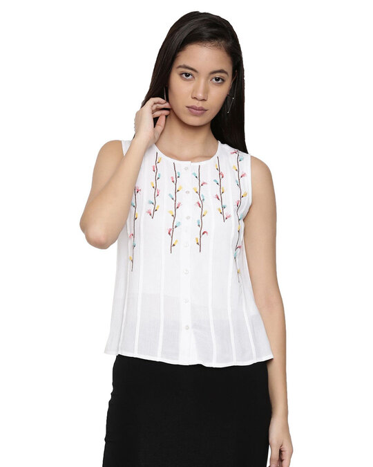 Shop Tassels Embroidered White Sleeveless Top for Women's-Front