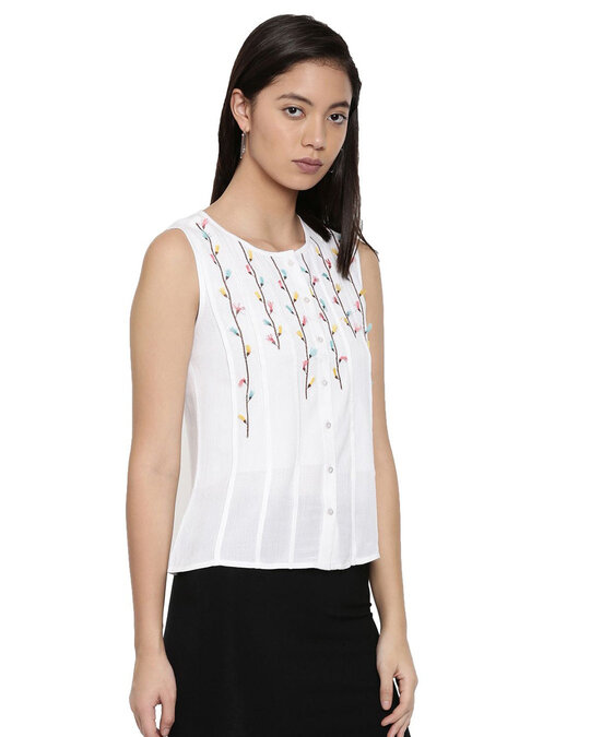 Shop Tassels Embroidered White Sleeveless Top for Women's-Back