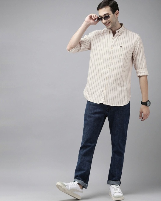 Shop Men's Beige Striped Slim Fit Casual Shirt