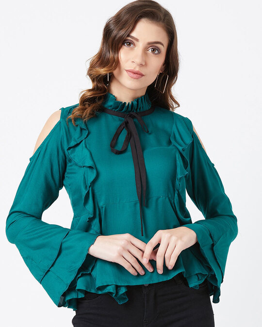 Shop Casual Bell Sleeve Solid Women Green Top-Front