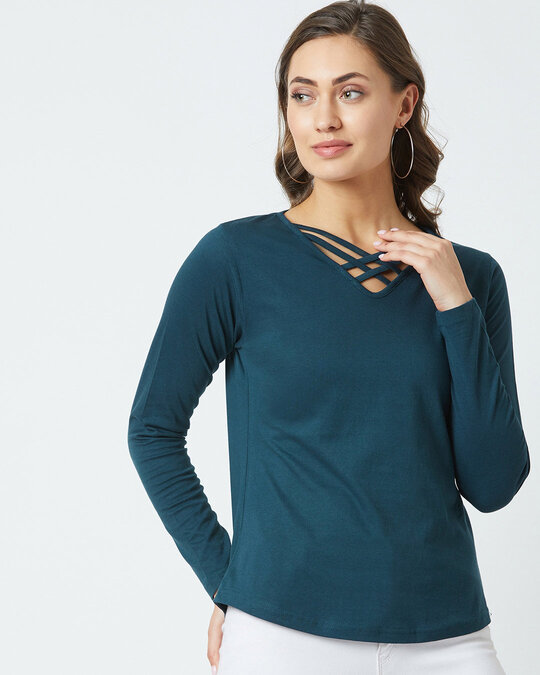 Shop Casual Full Sleeve Solid Women's Blue Top-Front