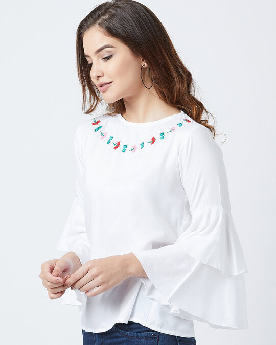 Shop Casual Layered Sleeve Embroidered Women's White Top-Back