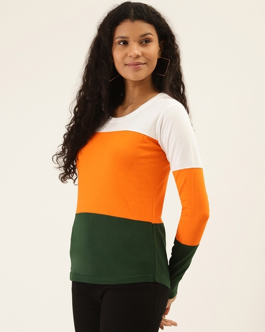 Shop Color Block Women's Round Neck Green Orange T-shirt-Back