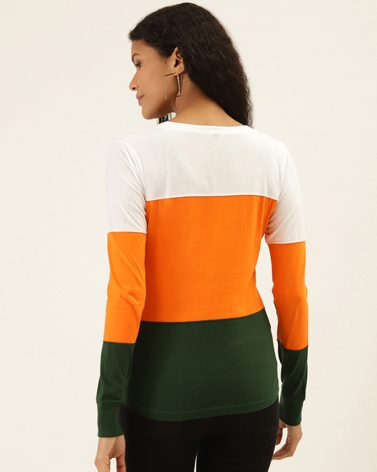 Shop Color Block Women's Round Neck Green Orange T-shirt-Design