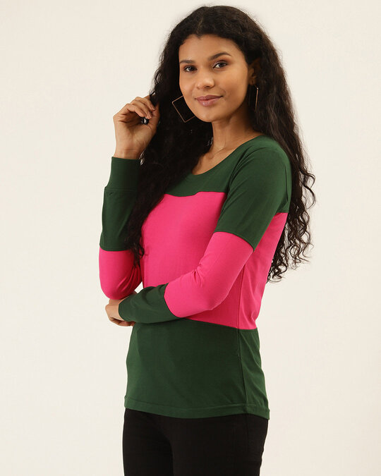 Shop Color Block Women Round Neck Green Pink T Shirt-Back