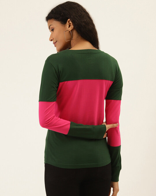 Shop Color Block Women Round Neck Green Pink T Shirt-Design
