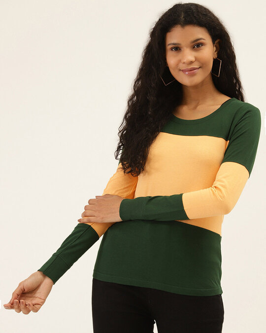 Shop Color Block Women's Round Neck Green Yellow T-shirt-Front