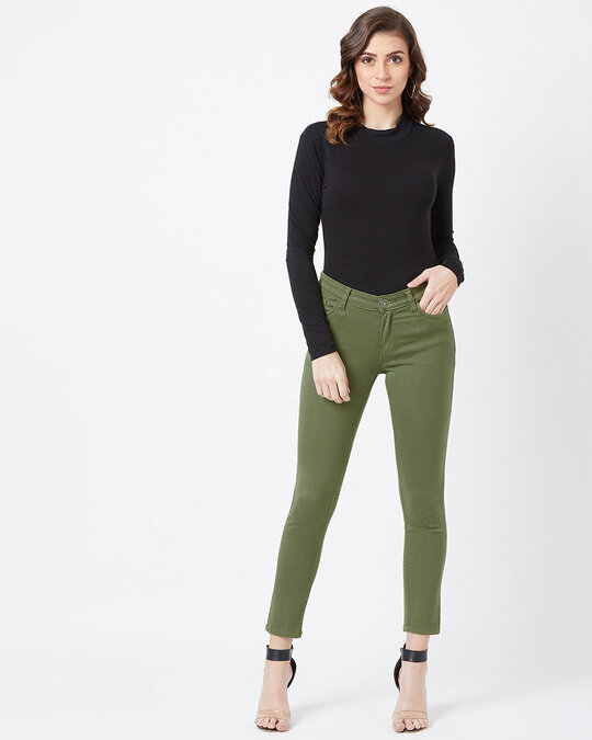 Shop Green Coloured Wash 5 Pocket Mid Rise Jeans-Full