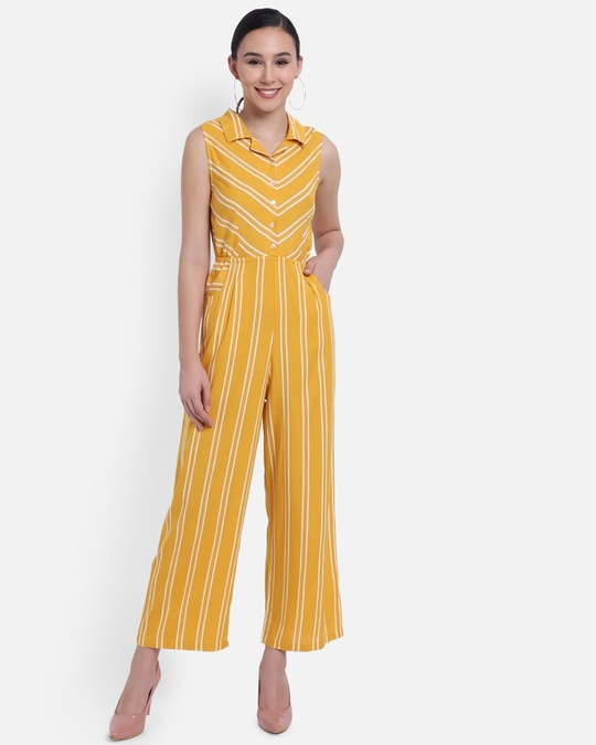 Shop Mustard And White Striped Basic Jumpsuit With Waist Tie Ups-Front