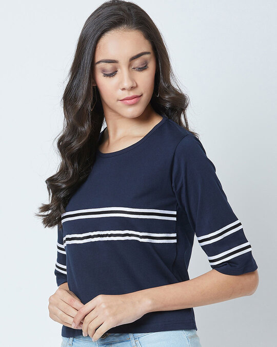 Shop Striped Women's Round Neck Blue T-shirt-Back