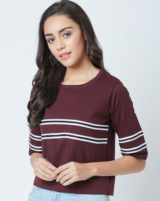 Shop Striped Women's Round Neck Maroon T-shirt-Back
