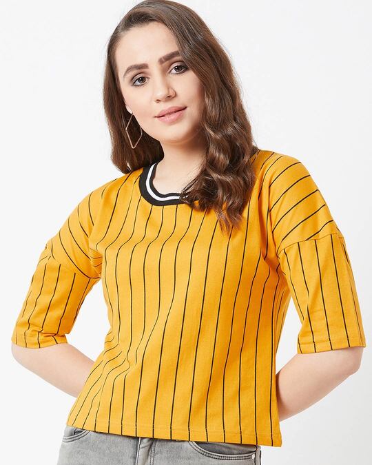 Shop Striped Women's Round Neck Yellow T-shirt-Front