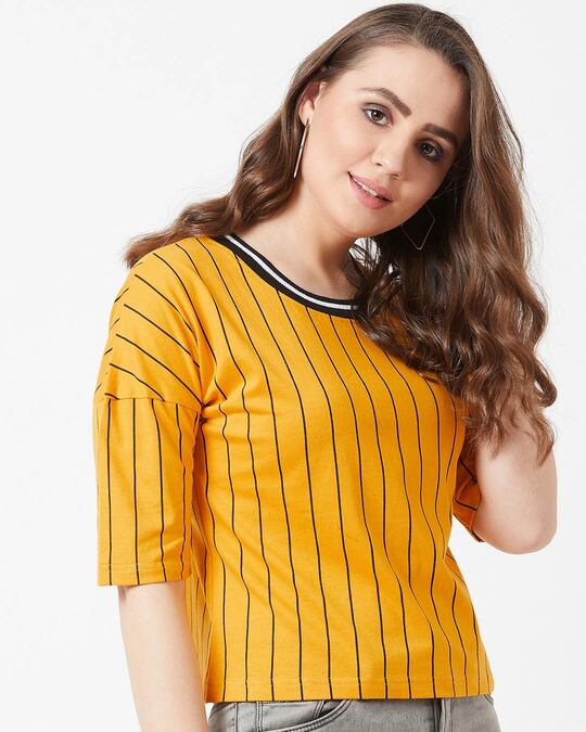 Shop Striped Women's Round Neck Yellow T-shirt-Design