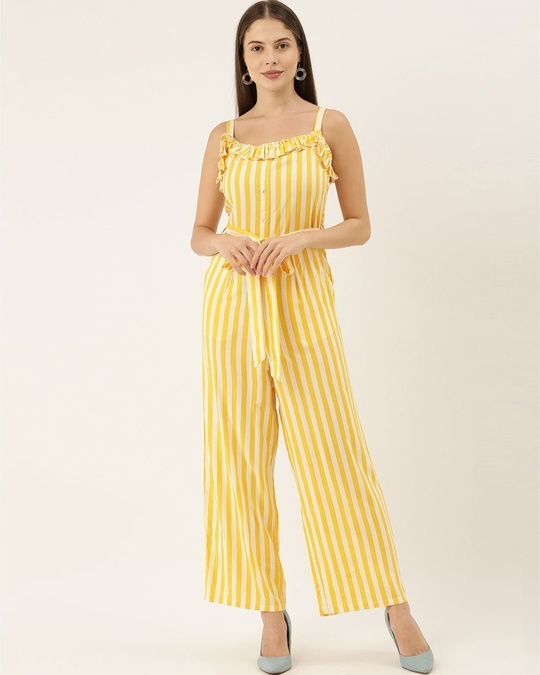 Buy THE DRY STATE White and yellow striped basic jumpsuit with Ruffles ...