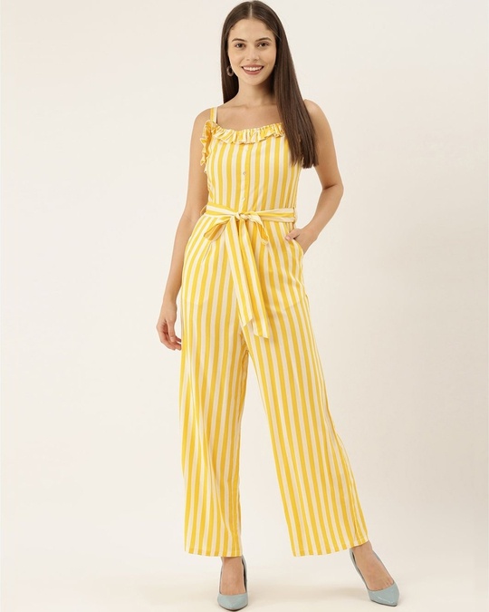 Shop White And Yellow Striped Basic Jumpsuit With Ruffles