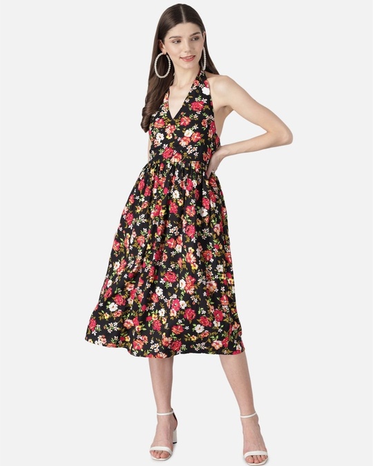 Shop Women Black Printed Woven Fit And Flare Dress-Front