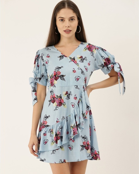 Shop Women Blue And Black Printed Woven A Line Dress-Front