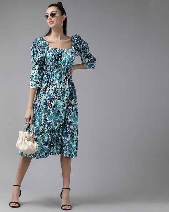 Shop Women Blue And Black Printed Woven Tiered A Line Dress With Stretch Panel On The Waist