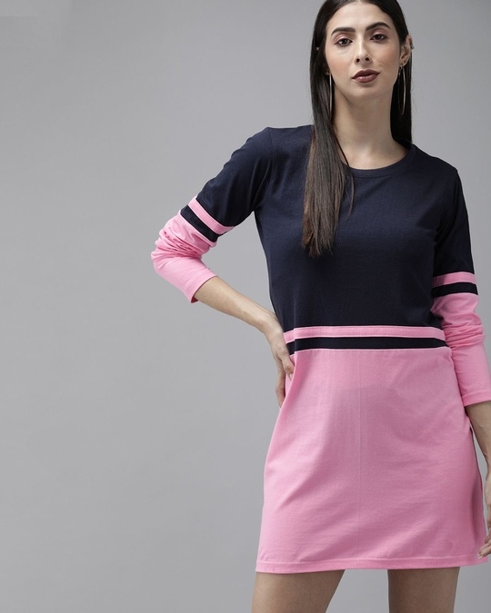 Shop Women Blue And Pink Colourblocked Knitted T Shirt Dress-Front