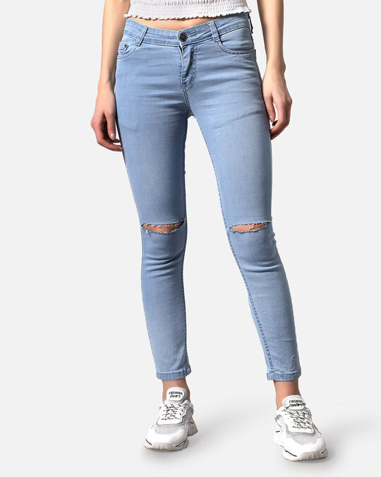 Shop Women's Blue Light Wash 5 Pocket Mid Rise Jeans-Front