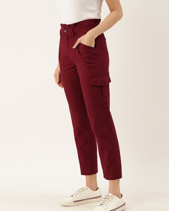 Shop Women's Burgundy Color High-rise Trousers-Design