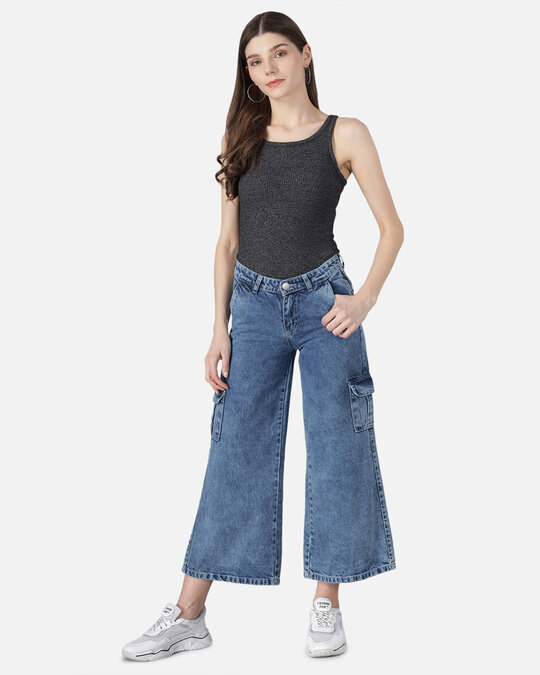 Shop Women's Light Blue Dark Wash 6 Pocket Mid Rise Jeans-Full