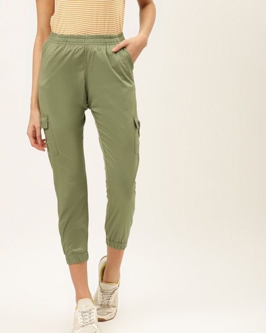Shop Women's Light Green Cropped Cargo Joggers And Slip On Closure-Front