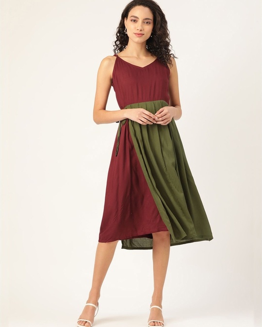 Shop Women Maroon And Olive Green Layered Colourblocked Woven A Line Dress-Front