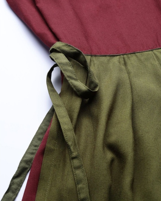 Shop Women Maroon And Olive Green Layered Colourblocked Woven A Line Dress-Full
